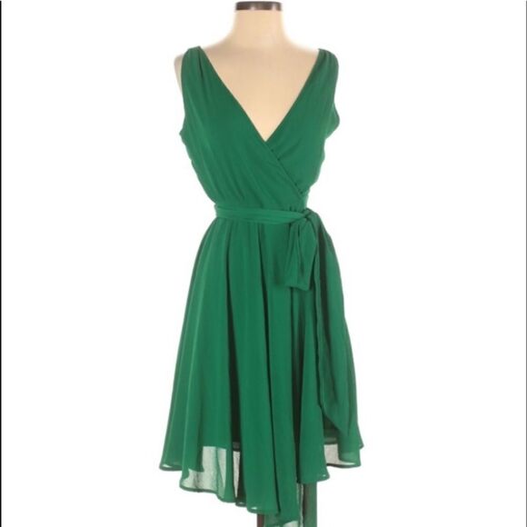 Kelly Green Chiffon Sheer Wrap Dress Asymmetrical Hem Fairycore Whimsical Ballet - Picture 5 of 9